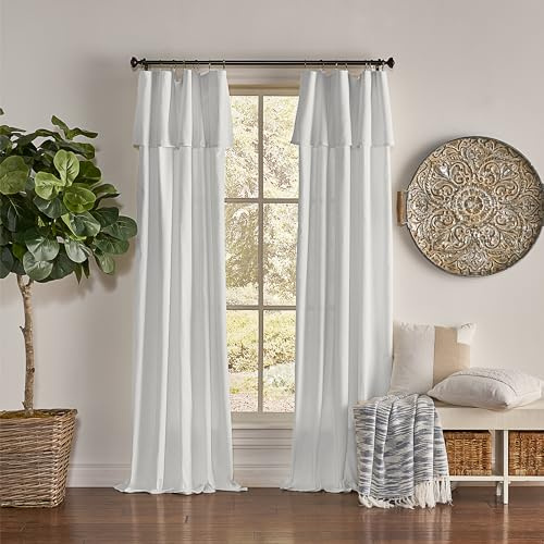 Mercantile Drop Cloth Curtain Panel, Light Filtering Ring & Tab Top with Attached Valance, 84 in Long x 50 in Wide, Farmhouse Single Window Panel, Bedroom, Living Room & Dining Room, White