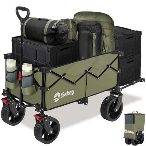 Sekey XXL Bollerwagen Faltbar mit Erweiterbarer Heckklappe 200L, Faltbarer Bollerwagen Klappbar Angelwagen Zusammenfaltbar aus Vier Richtungen bis 200KG, Flexi 4019, Kahki