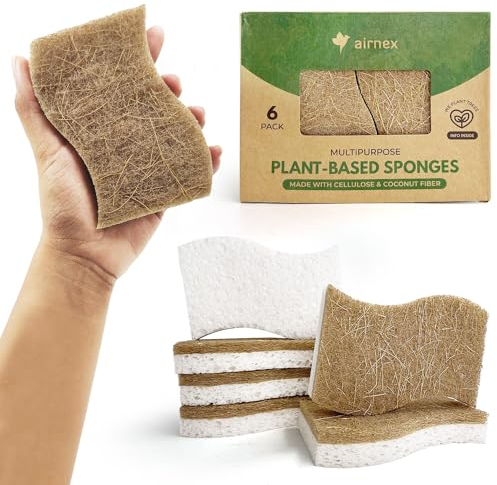 AIRNEX Biodegradable Natural Sponge Pack of 6 - Cellulose and Coconut Cleaning Sponges Scrubbers for Washing Up - Eco Heavy Duty Non Scratch Kitchen Scourers Sponge Multipack for Dishes, Pots and Pans