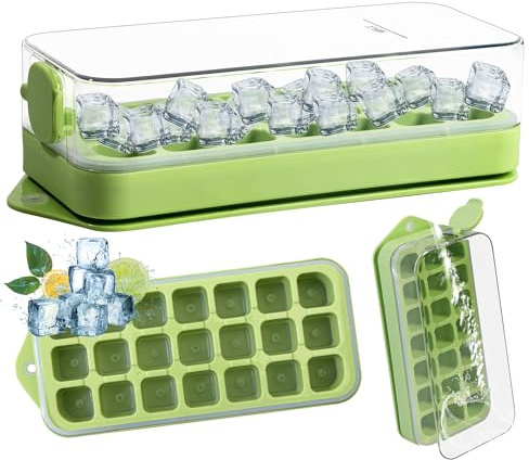 LYDTICK Ice Cube Tray with Lid and Bin, 21 Pcs Ice Cubes Mold for Freezer Easy Release, Quick Filling Without Touching, Green, Small