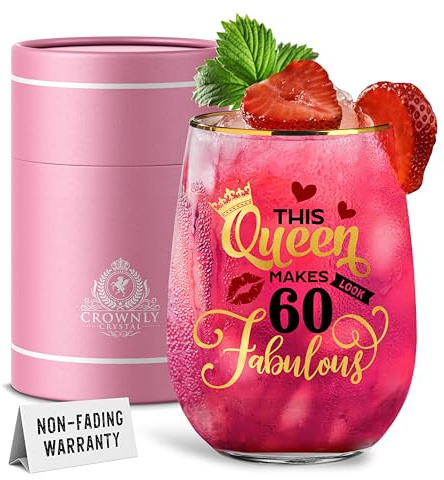 CROWNLY CRYSTAL® 60th Birthday Stemless Wine Glasses Personalised Gifts for Women Decorations