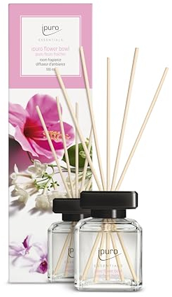 ipuro - Essentials Raumduft Flower Bowl 100ml | Raumerfrischer mit Blumenduft, Mandarine, Bergamotte, Jasmin, Veilchen & Zedernholz Duft Aroma | Diffuser mit Stäbchen | Lufterfrischer für die Wohnung