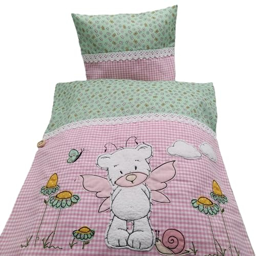 Puppenbettwäsche rosa mit aufwendiger Stickerei, 4 Teile zum Beziehen