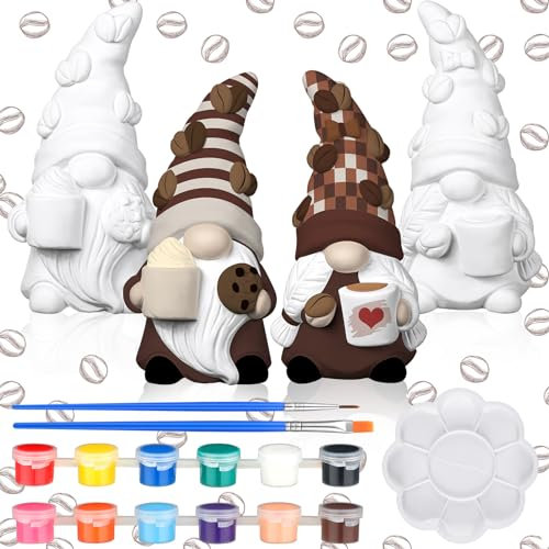 Hollowfly 2 Set Ready to Paint Your Own Gnome Statue, 4 Mini Paintable Ceramics Blank Gnome Figurine Craft DIY Art with Brush Palette Paint for Adult Mother Employee Appreciation Gift (Coffee Style)