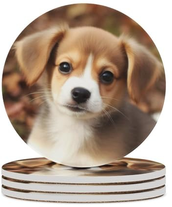 Niedliche Hunde-Untersetzer, saugfähig, Keramik-Stein, Getränkeuntersetzer mit Halter, Keramik-Untersetzer mit Korkboden, 10,2 cm, Tischschutzmatte für Heimdekoration, Küche, Bar
