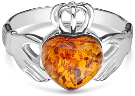 Bernsteinschmuck für Frauen – Sterling Silber Baltischer Honigbernstein Claddagh-Ring, Edelsteinschmuck, Geschenk, Verlobungsring, Aus Sterlingsilber, Bernstein