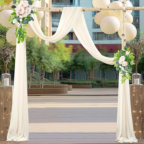 Querbehang Freihanddeko,1 Stück 75 * 400cm Chiffon Tüll Foto Hintergrund Vorhang Hochzeitsbogen Drapierung Stoff Freihanddeko Dekoration für Hochzeit Fotografie Party Geburtstag Taufe -Beige Weiße
