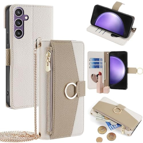 Ciciber Ttusy Hülle für Samsung Galaxy A55 5G mit Metallkette, Leder Flip Wallet Handyhülle mit Magnetischem Reißverschluss und Ständer Handykette Kartenfächer Spiegel Folio, Weiß