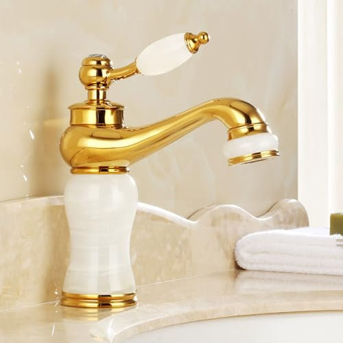 All Copper Natural Jade Sink Basin Hot and Cold Water Faucet Gold Splash Proof Faucet, Gold-White Jade Model (Golden white Jade)