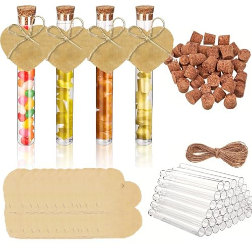 30 Stück Reagenzgläser, 15x100mm Reagenzgläser mit Korken kunststoff, Transparent Reagenzgläsern mit 30 Piece Kraftpapieranhänger und Hanfseil, für Laboratorien, Bonbons, Blumen