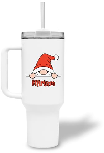 Thermobecher personalisiert Wichtel mit Wunschtext oder Namen - Trinkbecher mit Deckel und Strohhalm 1,2 l / 40 oz - personalisiertes Geschenk zu Weihnachten