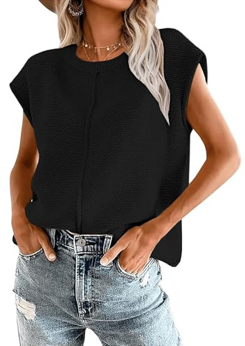 Oyamiki Rundhals Strickpillover Kurzarm Damen Rollsaum Schwarzer Pullover Fashion Pullunder Weste Charmant Top Schwarz Leichtgewichtig Summer Clothes XL