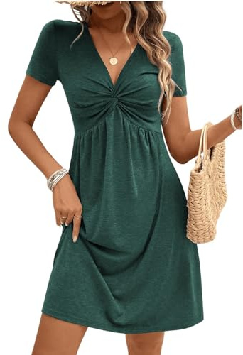 ABYOVRT Robe ete Femme Manches Courtes Col V Taille Haute A-Line Casual Mini Robe Chic et Elegant,Vert,S