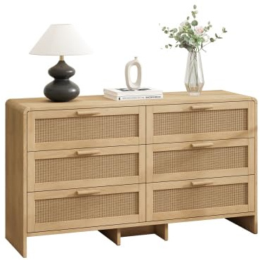 HAINEW Landhausstil Rattan Kommode Sideboard mit 6 Rattan Schubladen, Holz Bogenförmig Aufbewahrungsschrank Buffetschrank Beistellschrank Buffet für Schlafzimmer und Wohnzimmer (Natürlich)
