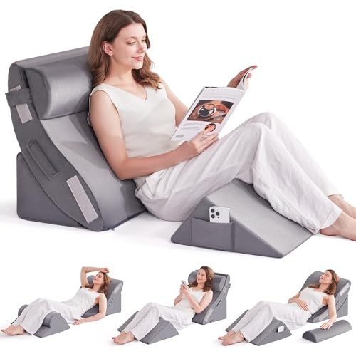 Lot de 4 oreillers orthopédiques en mousse pour le corps postopératoire pour soulager les douleurs du dos et des jambes, coussin de soutien triangulaire réglable, coussin de sommeil anti-acide gris