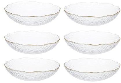 Hammered Glass Bowl with Gold Rim – Medium 8 (20cm) Clear Crystal Serving Bowl for Salad, Fruit, Snacks & Desserts – Textured Ice-Pattern Transparent Bowl for Dining, Kitchen & Table Decoration