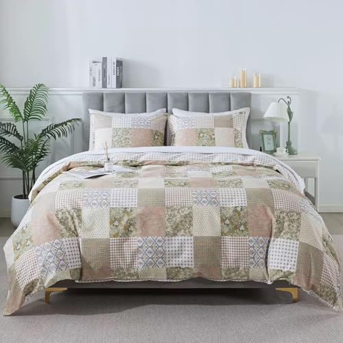 100% Cotton King Size Duvet Cover Sets Patchwork Bedding Sets Flower Bed Cover with 2 Pillowcases Zipper Luxury Reversible White Hotel Quality Easy Care Ultra Soft Bedding Collections 230x220 cm