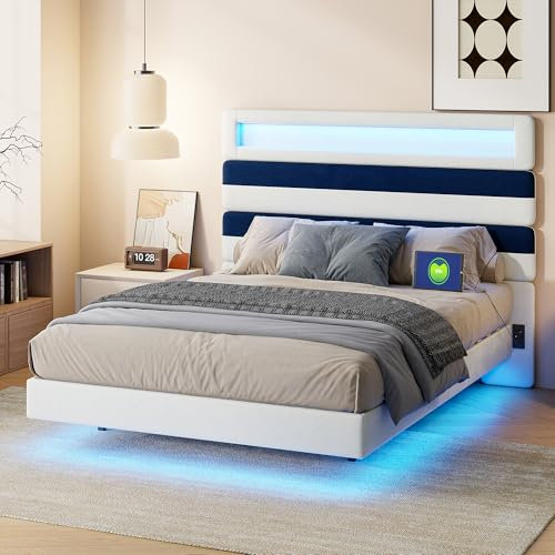 Bett 140x190 cm mit LED-Beleuchtung Bettgestell, Doppelbett mit Massivholz-Lattenrost, Samtmaterial, Schwebebettgestell für Erwachsene mit Beleuchtung, robust und stabil (Weiß, 140x190cm)