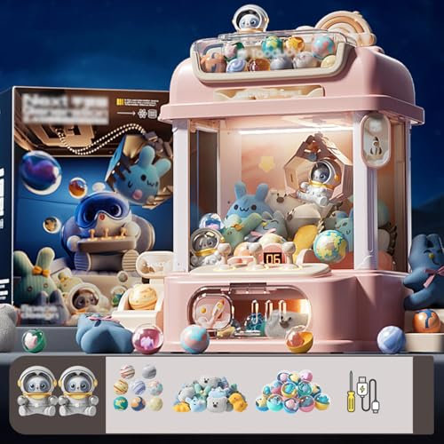 Candy Grabber avec Télécommande ， Machine Attrape Bonbon avec 8 Planètes,2 Poupées Panda,25 Poupées,20 Gashapons Cadeau pour Enfant ,Pink