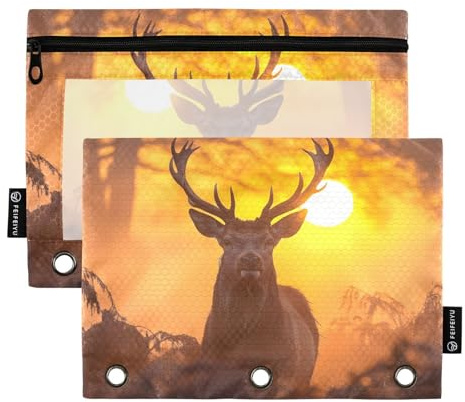 Quteprint Federmäppchen für 3-Ring-Ordner, Wald-Rot-Hirschgeweih, 2 Stück, Reißverschluss, Federmäppchen mit transparentem Fenster und verstärkten Ösen für Ordner, Federmäppchen, Taschen, Organizer