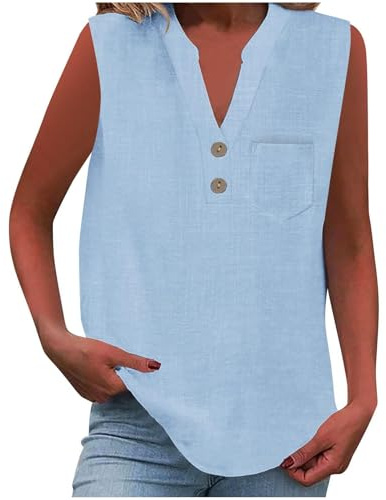Vest Tops Women UK Summer Cotton Linen Sleeveless T-Shirt Loose Fit Button V Neck Tunic Tops Lounge Baggy Solid Plain Dressy Casual Shirts Trendy Blouses Ladies Tank Tops