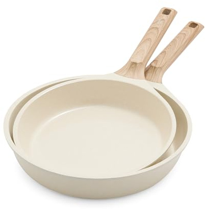 GreenChef Arte Keramik-Antihaft-Pfannenset, 2-teilig, 24 cm & 28 cm, PFAS-frei, induktionsgeeignet, Holzgriff, cremefarben