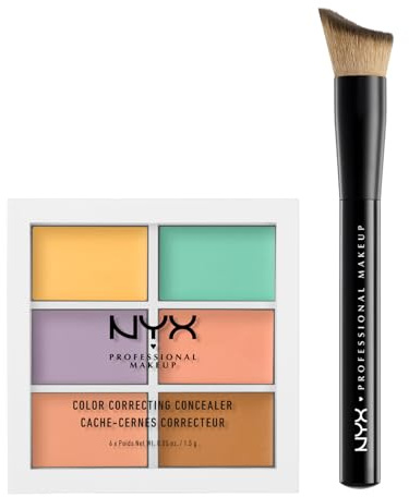 NYX Professional Makeup Palette Correttori Colour Correcting 6 Tonalità per Occhiaie Macchie Imperfezioni Copertura Modulabile + Pennello Viso Total Control Drop con Setole Angolate Curvate - Set da 2