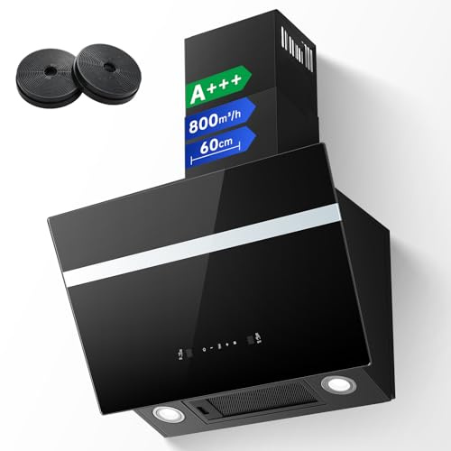 TopStrong Cooker Hood 60cm, 800 m³/h Kitchen Extractor Fan with Carbon Filters, Class A+++ Wall Mounted Extractor Hood with Recirculating & Ducting System, Touch and Gesture Control, 3 Speed + Booster