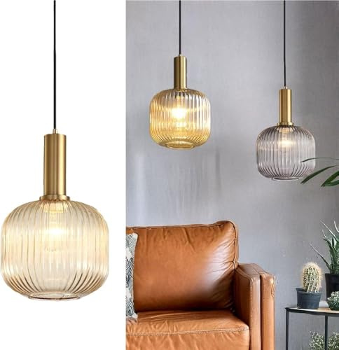 TQHGM - Lámpara colgante estriada de cristal ámbar con acabado de latón acanalado ajustable y lámpara colgante para isla cocina comedor encimera de bar elegante (marrón)