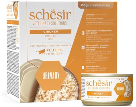 ANIMALUJOS Comida Húmeda Veterinaria Schesir para Gatos 80g – Latas en Caldo con Trocitos | Diabetic, Weight Control, Gastrointestinal, Urinary | Pack 8 uds (8 Unidades, Urinary)