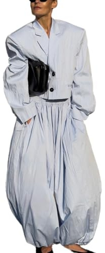 MLSHWUG Completi Da Lavoro Alla Moda Da Donna in 2 Pezzi Cappotti Oversize Pantaloni Lanterna A Vita Bassa,Light blue,S