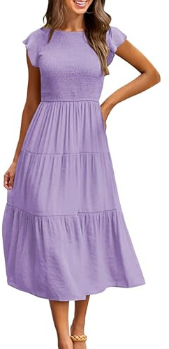 Yuson Girl Robe Longue Femme Ete Robe de Plage Boheme Casual Robe Maxi de Cocktail élégante Robe à Col Rond et à Manches Volantées élastique Taille Haute