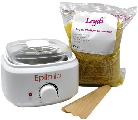 Leydi Brazilian Waxing Set Basic Honig – Elektrischer Wachserhitzer mit 1000g Heißwachsperlen – Waxing Set für Zuhause – Inkl. Spatelset – Für Intim, Körper & Gesicht