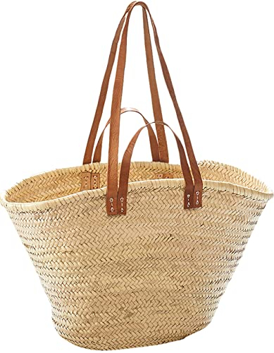 Kobolo Tasche, Palmblatt, mit Ledergriffe und Lederhenkel, 55 x 21 x 36 cm