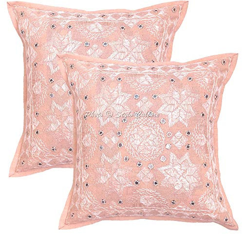 Stylo Culture Boho Forros De Cojines Decorativa 40x40 cm Algodón Espejado Fundas Almohadones Sofa Melocotón 16x16 Inch Bordado Cuadrado sobre Fundas Cojines Dormitorio - 2 Pcs