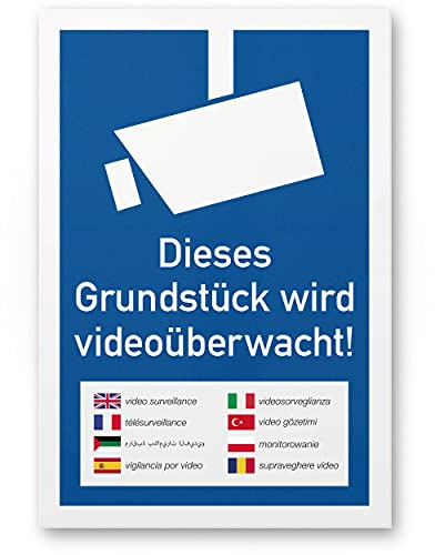 Komma Security Fastighet videoövervakning flerspråkig plastskylt 20 x 30 cm – Varning videoövervakning – Anmärkning skylt videoövervakning – varningsskylt varning