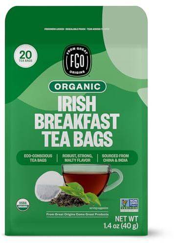 FGO Organic Irish Breakfast Tea, 20 Count, Eco-Conscious Tea Bags (Pack of 1)