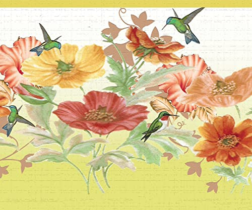 Dundee Deco DDAZBD9019 Tapetenbordüre zum Abziehen und Aufkleben, florales Blumenmuster, Motiv: Kolibri, Retro-Design, 4,57 m x 17,78 cm, selbstklebend