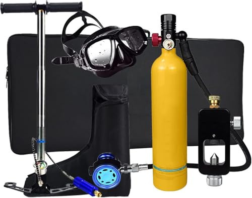 Mini Tauchflasche 1L Sauerstoffflasche Tauchflasche Mini zum tauchen Mit 15 Bis 20 Minuten Tauchen Sauerstofftank Taucher Set Tauchausrüstung Tragbare(mit Tauchadapter, Pumpe) Komplettsetful,Gelb