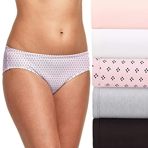 Hanes Damen 5er-Pack ComfortSoft Stretch Panty Hipster-Höschen, Ballerina Slipper Heather, weiß, Quad Dots, Beton Heather, schwarz, 6
