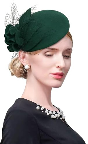 ELLYDOOR Wolle Fascinator Pillbox Hut Winter Britische Wollfilz Hut für Frauen Hochzeit Kirche Hut Blume Fedoras