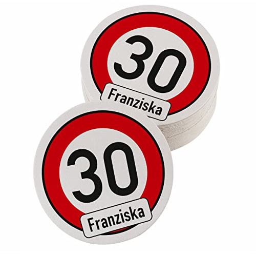 Herz & Heim® Bierdeckel Verkehrsschild mit Name und Alter, 30 Stück 10,7 cm x 0,1cm (Ø/H)