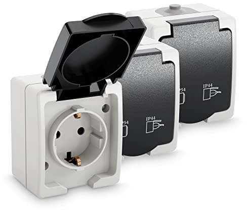 greate 3x Aufputz Steckdose 1fach für Feuchtraum - AP Steckdose mit Klappdeckel IP54, 250V, 16A, 2 polig - Aufputz Steckdosen, Aufputzdose Außenbereich, Aufputzsteckdose 1fach