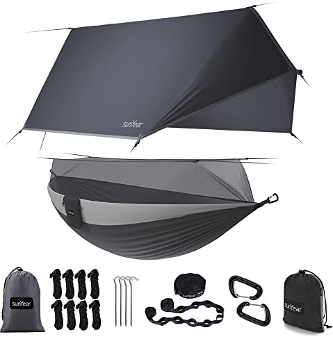 Sunyear Campinghängmatta med regnfluga och nät – utomhus hängmatta tillbehör – dubbel hängmatta tält för utomhus – håll sidan vind och regn – stor och kraftig
