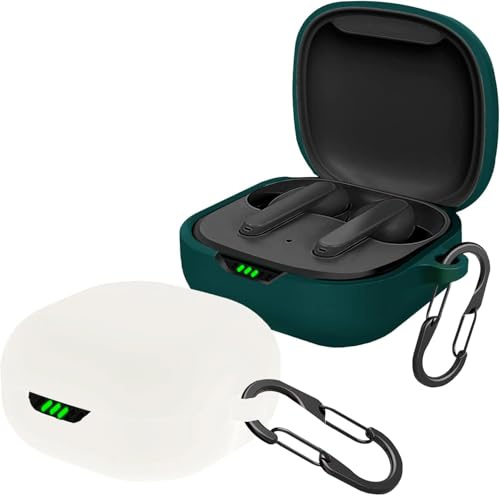 [2-pack] easyBee fodral för JBL Live Pro 2 TWS/JBL Live Pro+ TWS [med 2 karbinhakar], flytande silikonfodral, ultratunt, stötsäkert skyddande fodral, Bluetooth-hörlursväska – vit och mörkgrön