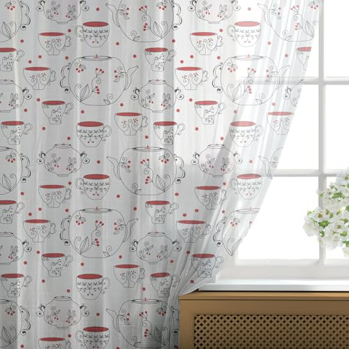 Ambesonne Tea Party Tulle Curtains with Rod Pocket, Doodle Style Crockery Illustration of Floral Patterned Kettles and Cups, Sheer Drape for Wedding Party 2 Panels, 108 x 90, Red Black White