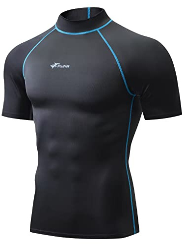 Sillitor Rash Vest Mens Short Sleeve Sun Protection Swimming Shirts for Men Compression Base Layer Mens Rash Guard for Surf Diving Wetsuit Cycling,Quick Dry High Wicking Breathable Black Blue L