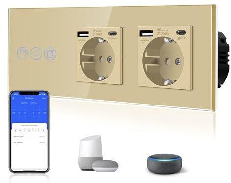 BSEED WiFi Smart Alexa Touch Rollenschalter + Doppelt 3 in 1 Steckdose mit 2.1 A USB Ladeleistung + Type C Adapter，Google Home Tuya Kompatibel, Glas Jalousien Schalter (Neutralleiter Benötigt) Gold