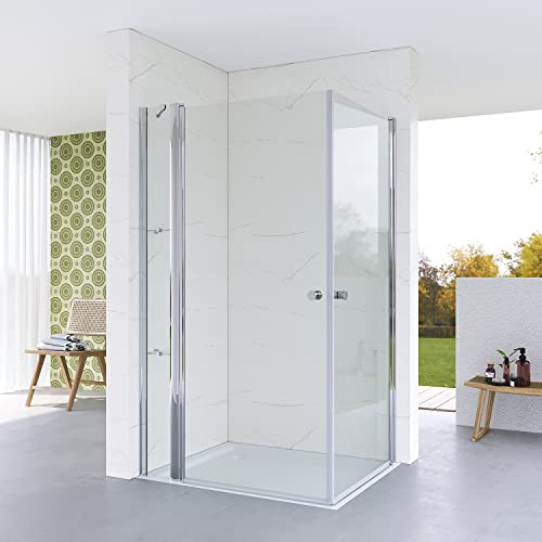 Duschkabine Eckeinstieg Rahmenlos 95x80 x 187 cm Eckdusche Duschwand Glas Duschtür mit Festteil Pendeltür Drehtür mit Nebenteil | Hebe Senk Funktion | Eckregale Duschablage | Echtglas klar ESG 5 mm