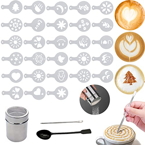 28PCS Coffee Stencils, Stainless Steel Chocolate Shaker Duster for Cappuccino with Measuring Spoon, Latte Art Stencil Pen Coffee Barista Accessories Latte Hot Chocolate Cocoa Coffee Art Toppers